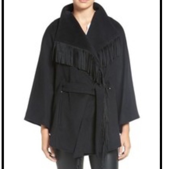 Ellen Tracy Fringe Wool Blend Belted Cape Coat Jacket Black Poncho Western Small - Picture 1 of 10